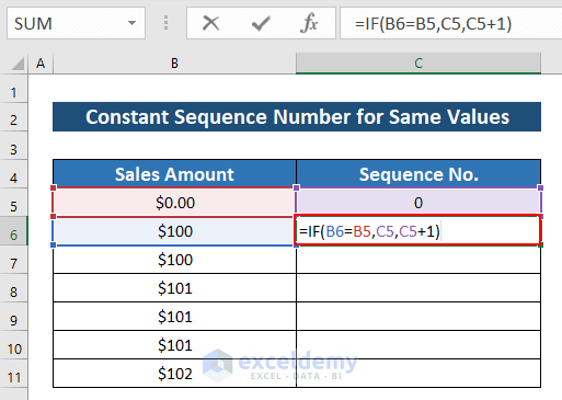 Employing IF Function for adding Constant Sequence Number for Same Values