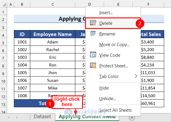 Applying Context Menu to Delete a Sheet in Excel