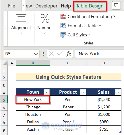 Use Quick Styles Feature to Format Table in Excel