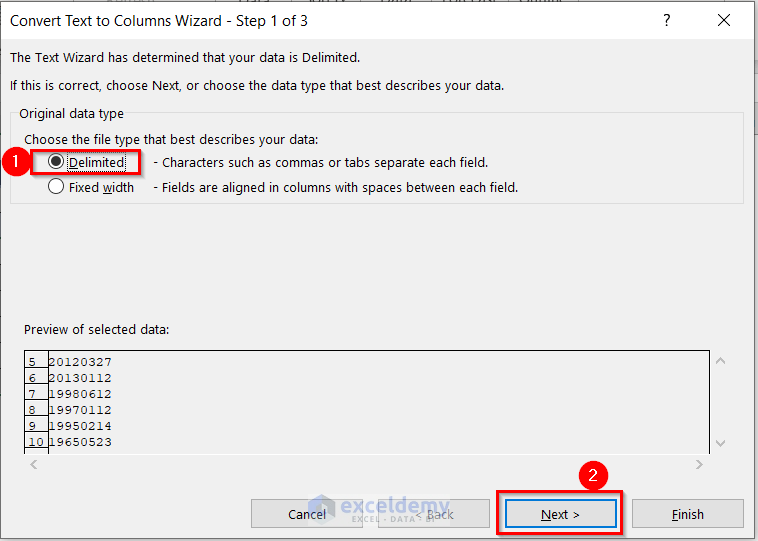 Pressing NEXT Button to the Convert Text to Columns Wizard - Step 1 of 3