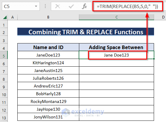 Merging TRIM and REPLACE Functions to Add Space Between Text in Cell