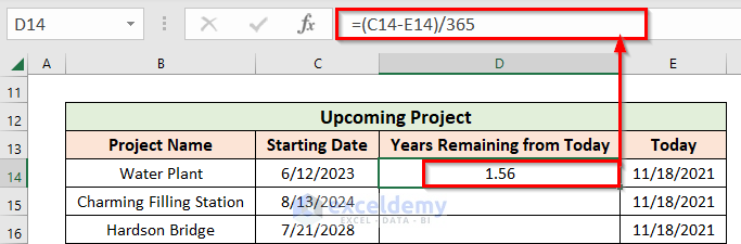 Generic Formula to Calculate Remaining Years in Excel for Upcoming Projects