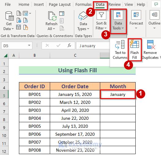 Using Flash Fill to Extract Month Name from Order Date
