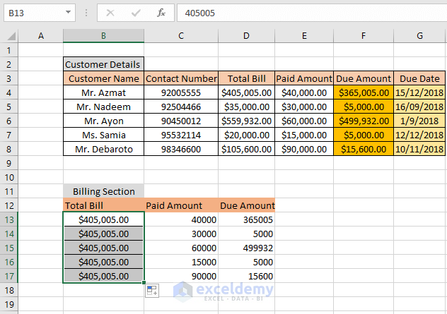 Using Fill handle to drag the value in the column