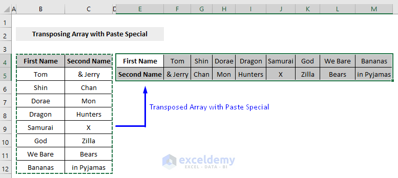 result of excel vba transpose array with paste special