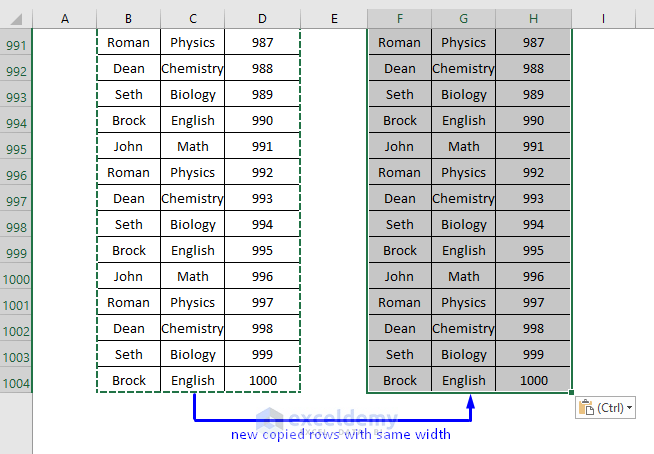 newly copied rows with same width
