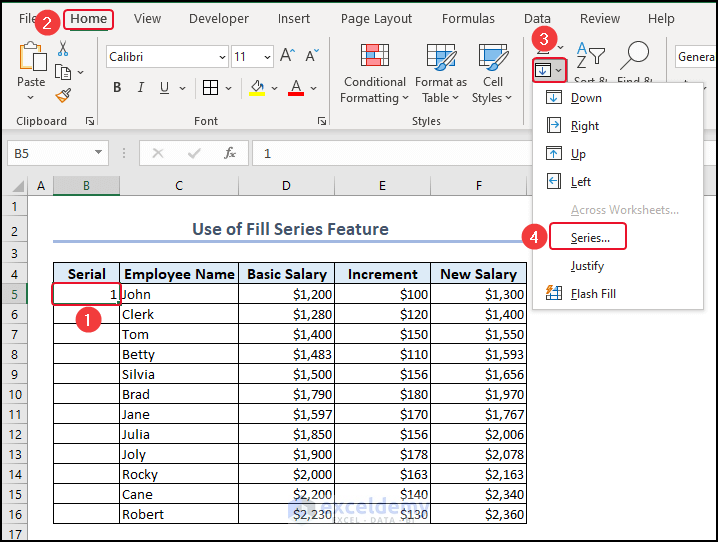 Selecting Fill Series Option to automatically number rows in Excel