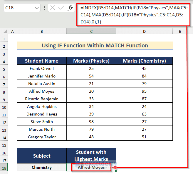 Result Found After Applying IF Function within MATCH Function in Excel to Find Highest Marks in Chemistry