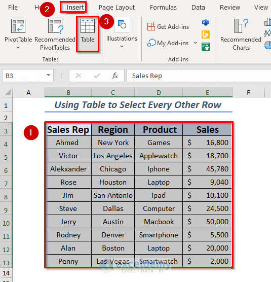 Inserting Table to Select Every Other Row in Excel