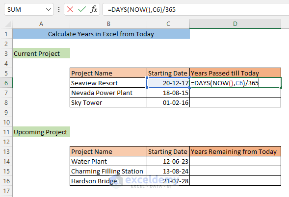 Calculate years from today