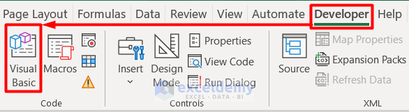Selecting Visual Basic from Developer Tab