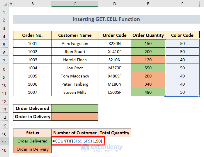 Applying COUNTIF Function to Count Green-Colored Cells