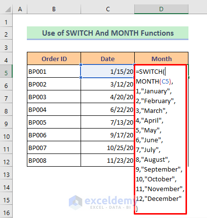 SWITCH And MONTH Functions Together to Alter Date to Text Month in Excel