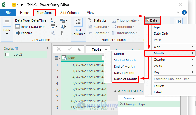 Power Query to Transform Date to Text Month in Excel