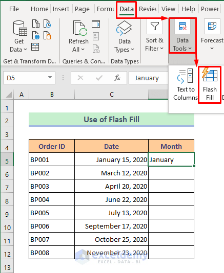 Flash Fill to Convert Date to Text Month in Excel