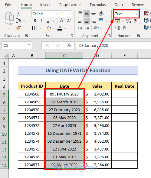 Dataset to convert text to date using DATEVALUE function