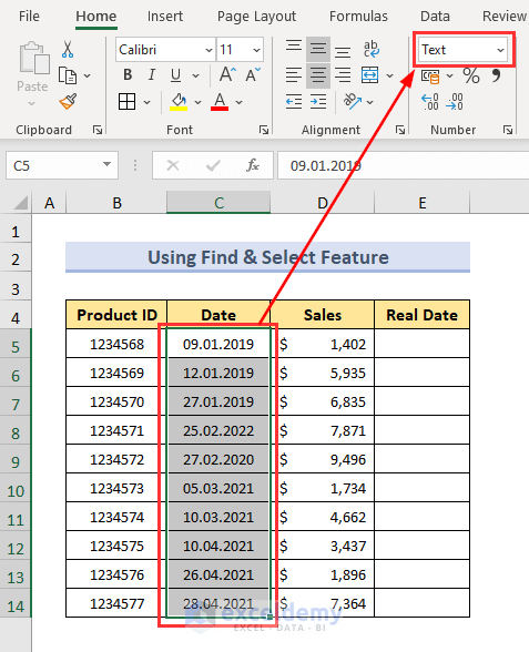 date in text format to use Find & Select Feature