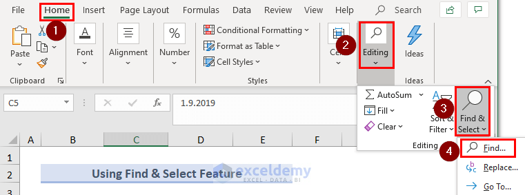 selecting Find and Replace to convert text to date in excel