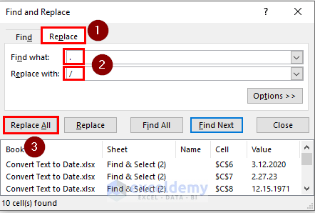 using find and replace box to convert text to date in excel
