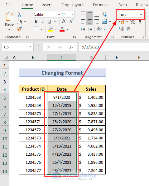 Change Format Using Number Format to Convert Text to Date in Excel