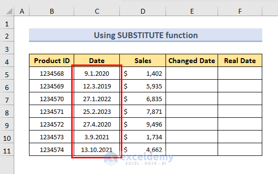 date in text format to use SUBSTITUTE function