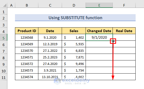 applying fill handle tool to copy formula with SUBSTITUTE function