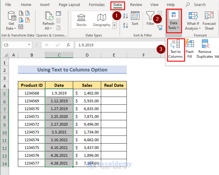 using text to columns option to convert text to date in excel