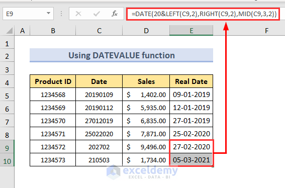 using date left mid right functions for another format
