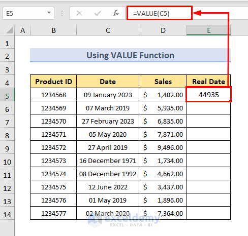 Using VALUE function to Convert Text to Date in Excel