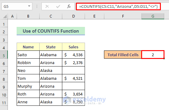 Method 2: Insert COUNTIFS Function in Excel to Count Filled Cells 