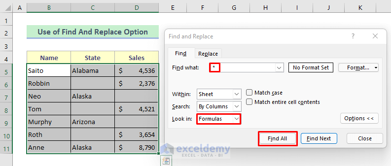 Method 3: Apply ‘Find And Replace’ Tool of Excel to Count Filled Cells