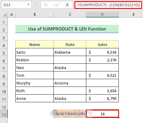 Method 4: Combine SUMPRODUCT and LEN Functions to Count Filled Cells