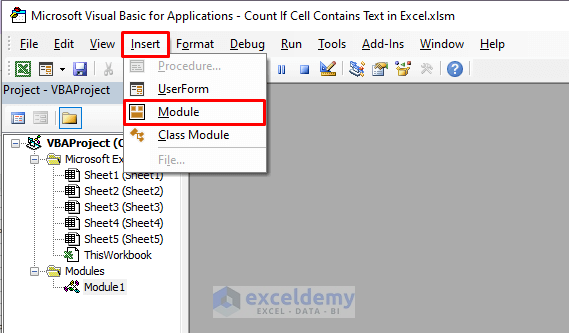 Inserting Module to Count If Cell Contains Text in Excel