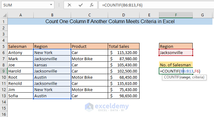 count column using counif