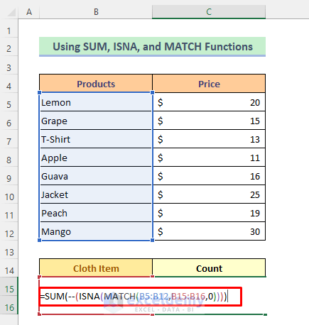 SUM, ISNA, And MATCH Functions That Does Not Include Different Conditions in Excel