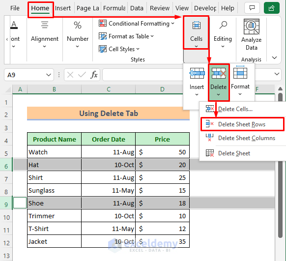 selecting delete sheet rows from the home tab after selecting the rows to be deleted