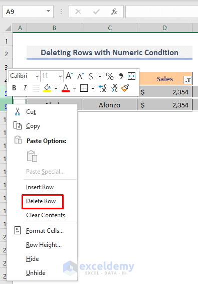 Delete Rows Based on a Numeric Condition in Excel