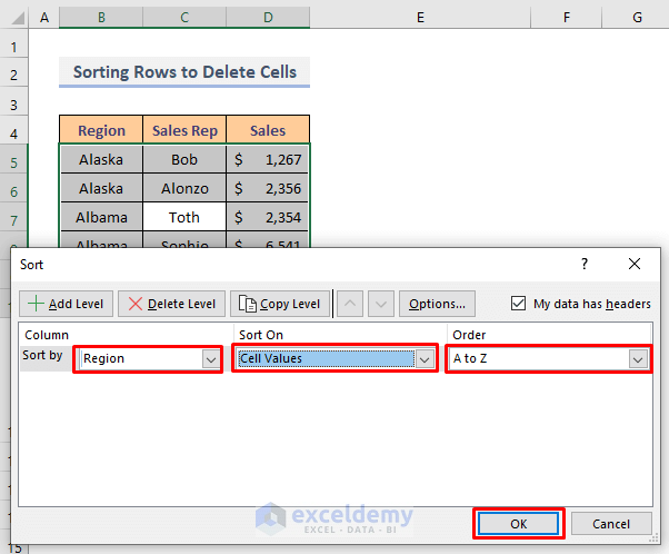 Sort the Dataset and Then Delete the Specific Rows in Excel