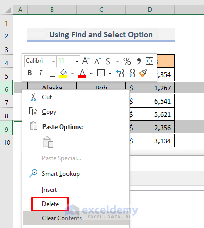 Find and Select the Cells Based on Cell Value and Then Delete the Rows in Excel