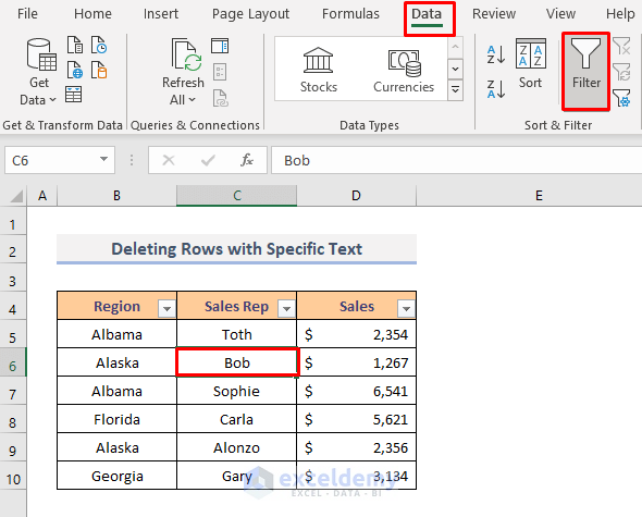 Delete Rows that Contain a Specific Text in Excel