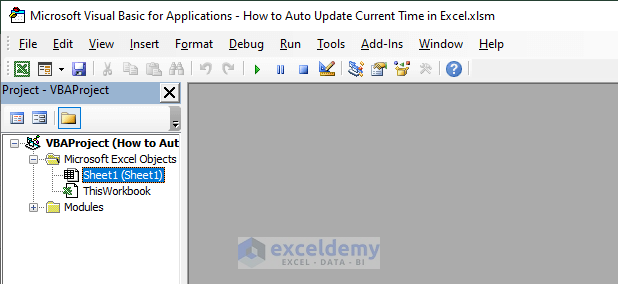 applying vba code to auto update current time in excel
