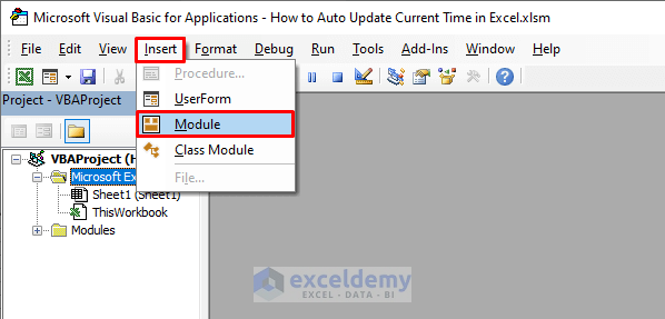 Inserting Module to Auto Update Current Time in Excel