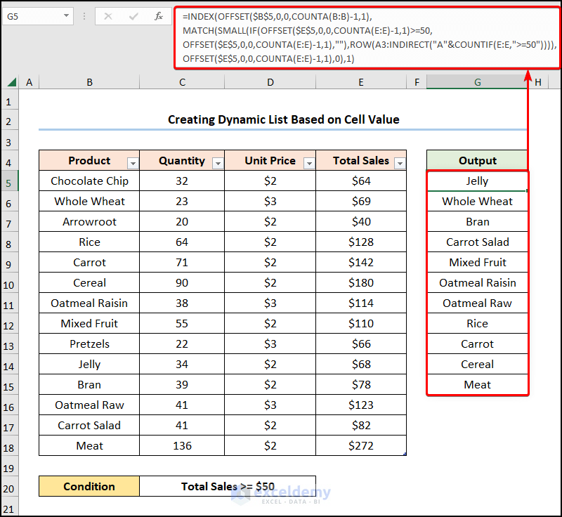 Excel create dynamic list from table based on cell value