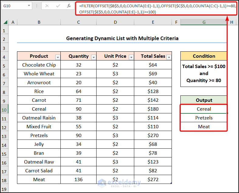 excel create dynamic list from table based on multiple criteria