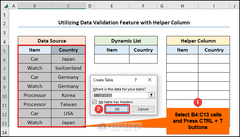 Utilizing Data Validation Feature with Helper Column