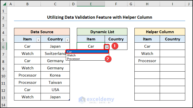 Choosing item from data validation drop down