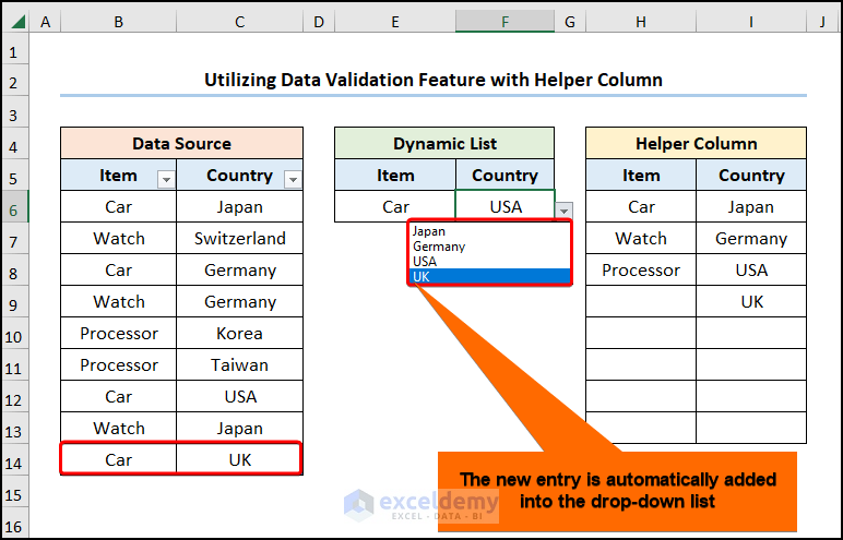 Excel create dynamic list from table using helper columns and data validation