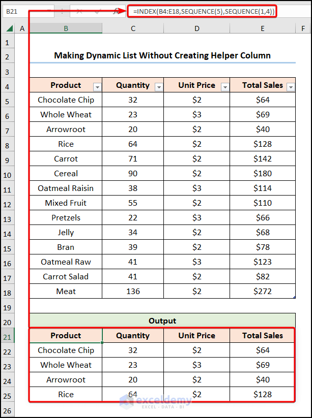 excel create dynamic list from table without helper columns using INDEX and SEQUENCE functions