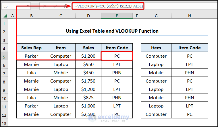 Utilizing VLOOKUP function and Excel Table