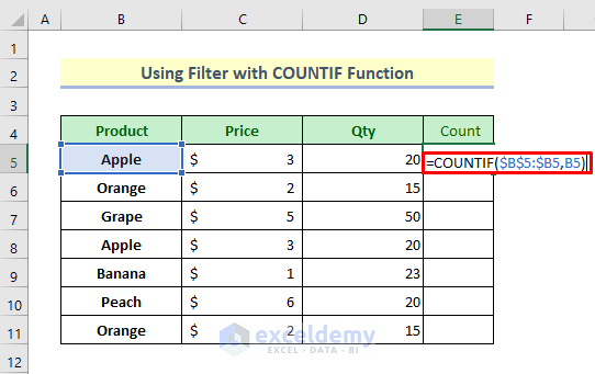 Method 4: Use Filter with COUNTIF Function to Find Duplicates in Column and Delete Row